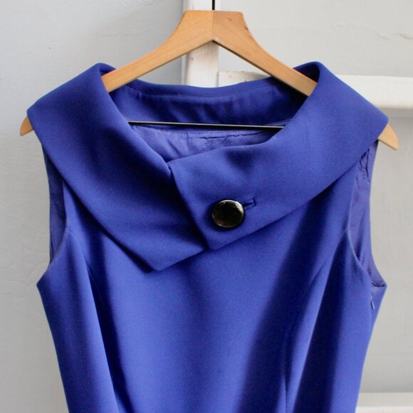 Tahari ASL Blue Black Roll Collar Tailored Sheath Retro Belted Dress Size 12 - Picture 4 of 6